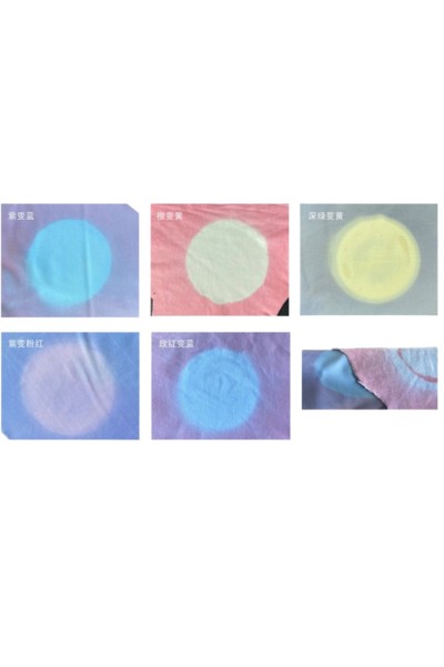 DG-XL  感溫變色布  溫變斜紋布   服裝溫變布料   橙變黃  藍變綠   黑變紅  黑變透明  密度：190T   橙色變黃色（31°C）  克重：200 後面照